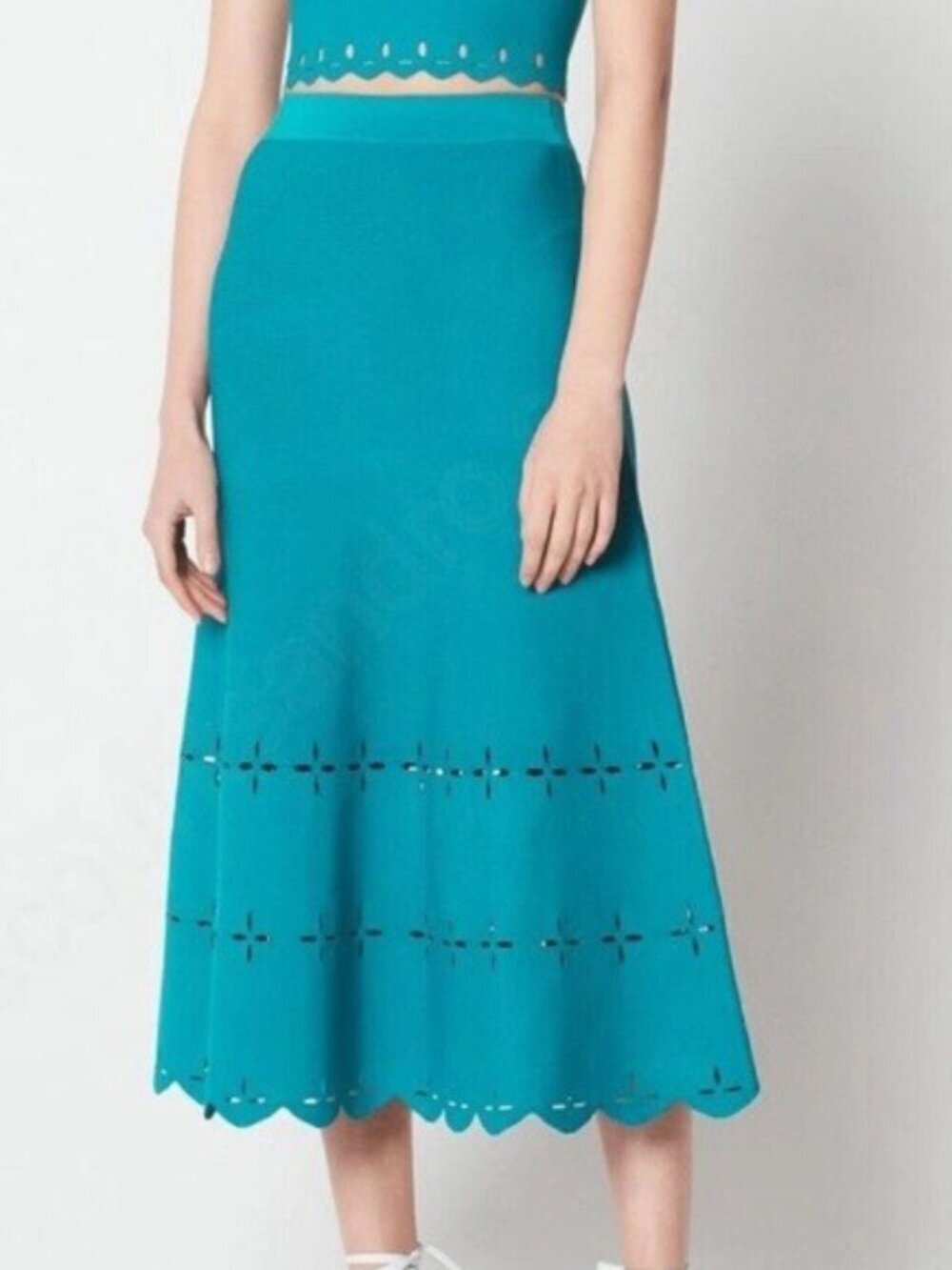 New Sandro Rosy Laser Cut Knit Maxi Skirt Turquoise Large $295